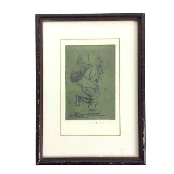 Mary Betts Pen Ink Illustration Asian Man Carrying Pack By 1967 Matted Framed - Picture 1 of 5